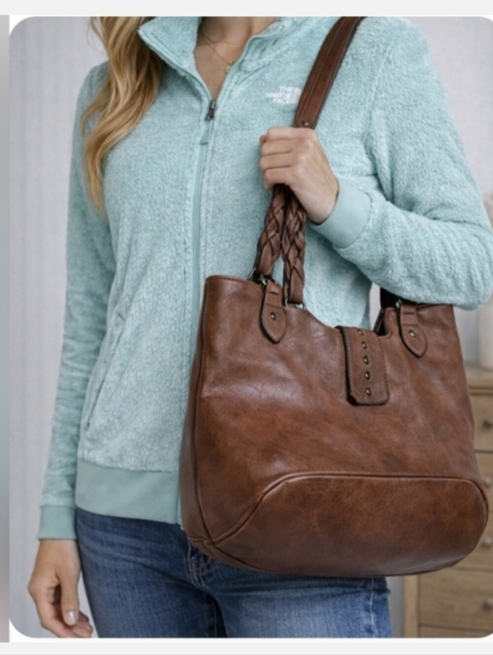 Boho Vegan Leather Shoulder Purse Everyday Braided-Strap Tote in Tan